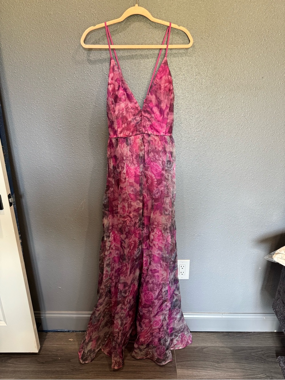 Lulu's Pink Floral V-Neck Chiffon Prom Dress
